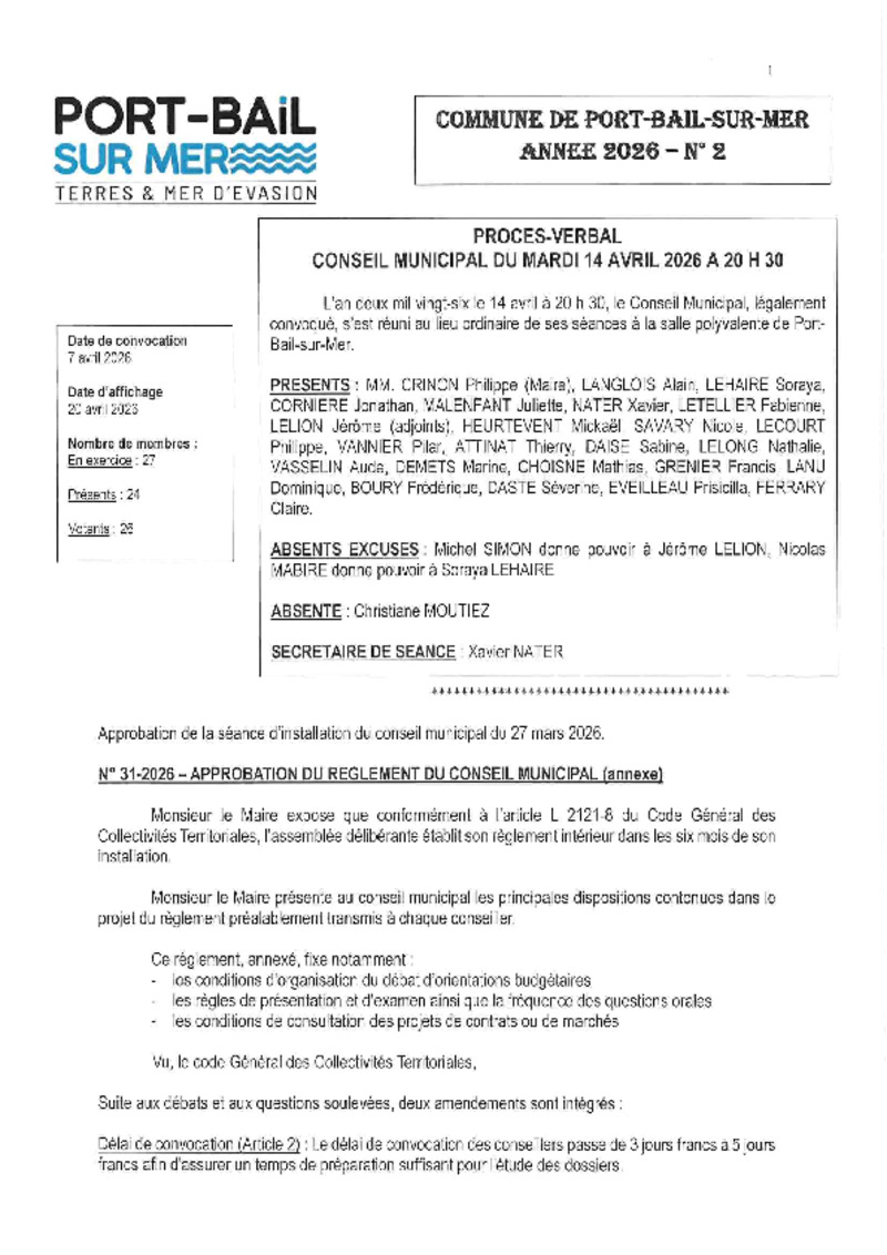 conseil du 14 avril 2026