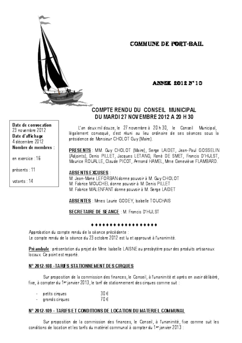 COMPTE RENDU DU CONSEIL MUNICIPAL DU MARDI 27/11/2012