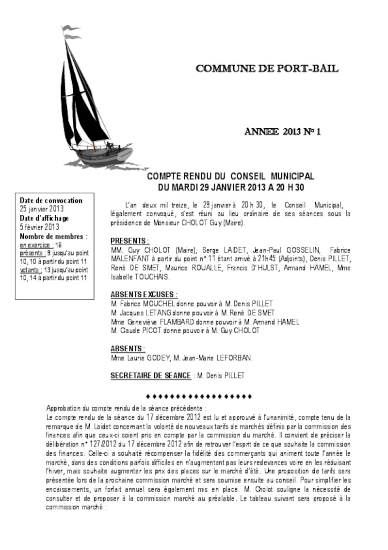 COMPTE RENSU DU CONSEIL MUNICIPAL DU MARDI 29 JANVIER 2013