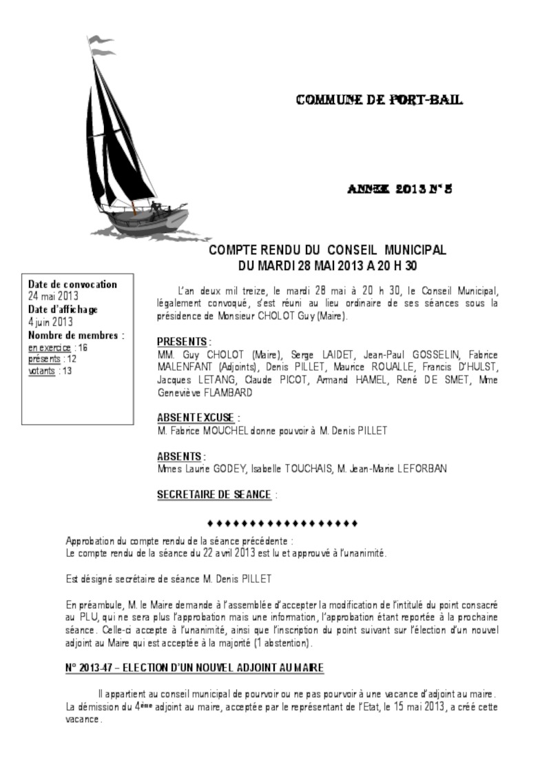 COMPTE RENDU DU CONSEIL MUNICIPAL DU 28/05/2013