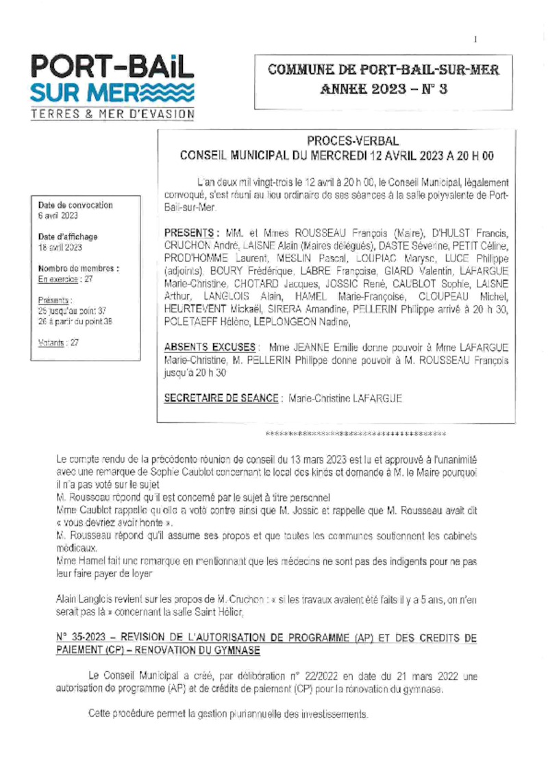 COMPTE RENDU DU CONSEIL MUNICIPAL