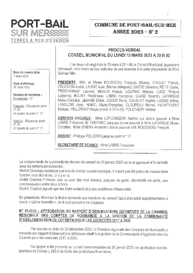 COMPTE RENDU DU CONSEIL MUNICIPAL